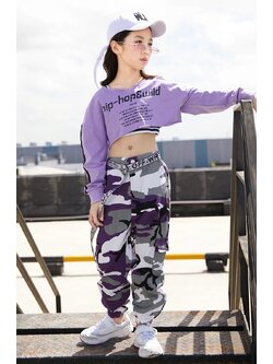 ชุดเต้น ชุดแดนซ์ เสื้อแขนยาวสีม่วง+ครอปตัวใน+กางเกงขายาว ลายทหาร