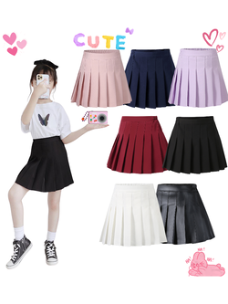 F กระโปรงเ ด็กอัดพลีท ทรงสั้น มีซับในกางเกง ลายพื้น เกรดคุณภาพ