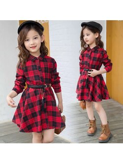 พร้อมส่ง ชุดคริสมาส เดรสแดงคอปก ลายสก๊อต กระดุมหน้า พร้อมเข็มขัด