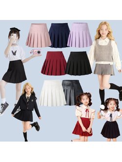 F กระโปรงเ ด็กอัดพลีท ทรงสั้น มีซับในกางเกง ลายพื้น เกรดคุณภาพ