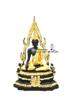 พระพุทธรูปปางมารวิชัย ซุ้มแก้ว ( พระพุทธชินราช ) สีดำปิดทอง เนื้อเรซิ่น หน้าตัก 5 นิ้ว สูง 13 นิ้ว
