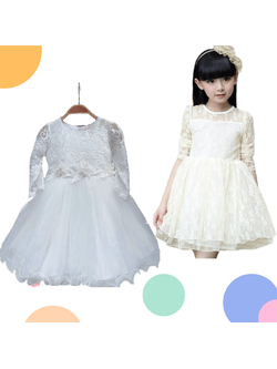 ชุดออกงานเด็ก : เดรสแขนยาว ออกงาน สีขาว