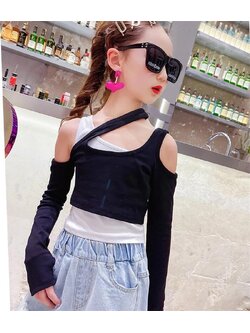 **เฉพาะเสื้อ**ชุดเต้น ฮิปฮอป เสื้อแขนยาว แขนคอไขว้ สีดำสลับดำ