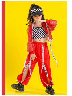 ชุดStreet Dance HIPHOP เสื้อตาข่ายแดง+เสื้อลำลอง+กางเกง