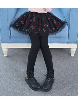 เลกกิ้งกระโปรง ลายเชอรี่ สีดำ