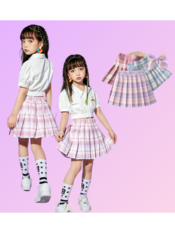 เสื้อเด็ก คอปกขาว+กระโปรงอัดพลีทพาสเทล