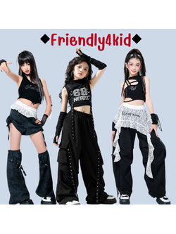 Friendly4kid พร้อมส่ง***ชุดเต้น set เสื้อ+กางเกง สีดำสไตล์สตรีทแดนซ์