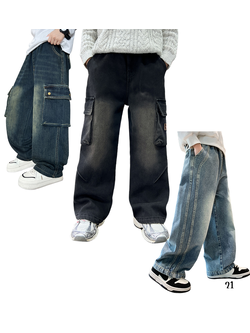 พร้อมส่ง กางเกงยีนส์เด็กชาย ขากระบอก ยีนส์คาร์โก้ ยีนส์เด็ก