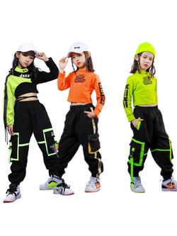 ชุดเต้น ชุดแดนซ์ ฮิปฮอป สีนีออน เสื้อสีดำ กางกงดำ