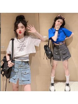 ชุดเต้น ชุดแดนซ์ ชุดลำลองเสื้อเอวลอยแขนสั้น+กางเกงกระโปรงยีนส์