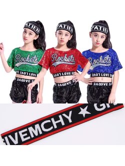 ชุดเต้น เสื้อแขนสั้น ปักเลื่อม Rocket +กางเกงขาสั้น สีดำ