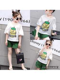 เซ็ตเสื้อแขนสั้นสีขาว+กางเกงขาสั้นสีเขียว