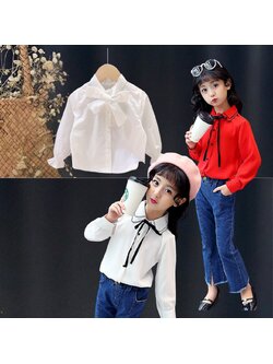 เสื้อแขนยาว ผูกโบว์ สีขาว-สีแดง