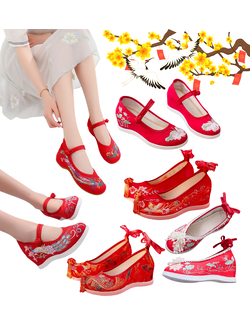 พร้อมส่ง รองเท้าจีน รองเท้าผ้าปักลาย ผู้ใหญ่ลายนกยูง สีแดง