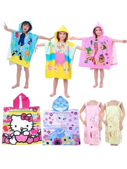 ผ้าคลุมว่ายน้ำ เรียนว่ายน้ำ แบบผ้าขนหนู สวมหัว ลายเด็กหญิง**พร้อมส่ง