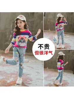 ชุดเซ็ต เสื้อแขนยาวลายแมว+กางเกงยีนส์