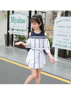 เดรสเด็กน่ารัก เดรสผูกเอว ลายทาง สีขาว-กรม