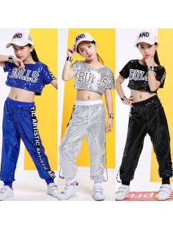 พร้อมส่ง ชุดเต้น ฮิปฮอปปักเลื่อมเสื้อแขนสั้น+ ขายาว