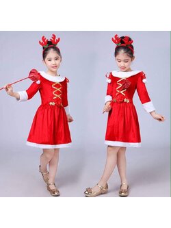 พร้อมส่ง ชุดคริสต์มาส เดรสแขนสี่ส่วน+ที่คาดผม+คฑา