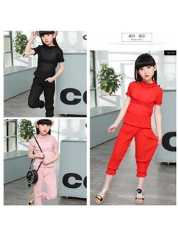 F-ชุดเด็ก : ชุดเซ็ตชีฟอง+กางเกงสามส่วน สีแดง,สีดำ,สีชมพู