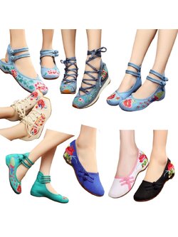 รองเท้าผ้าใบจีน ลายดอก สีฟ้ายีนส์