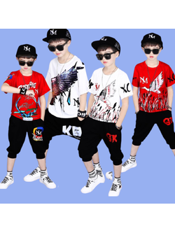 ชุดเต้น Street dance เสื้อแขนสั้นสีแดง+กางเกงดำ