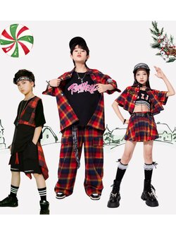 ชุดเต้น ชุดเชียร์ เซ็ท สีดำแดง ลายสก๊อต แขนสั้น+กระโปรง