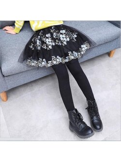 เลคกิ้งกระโปรง สีดำ ปักลายดอก