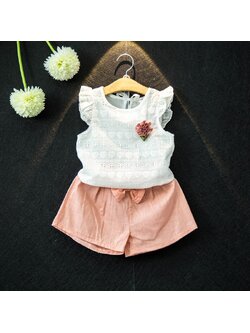 ชุดเด็ก ชุดเสื้อสีขาว+กางเกงขาสั้นสีชมพู