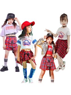 ชุดเต้น เสื้อแขนสั้นสีขาว+กางเกงสก๊อตแดง