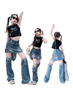 friendly4kid พร้อมส่ง เสื้อกล้ามสีดำ+กระโปรงยีนส์พร้อมปลอกขา สียีนส์เข้ม