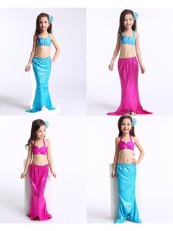 ชุดว่ายน้ำ นางนางเงือก เซ็ต 3 ชิ้น รุ่นเสื้อผูกอก สีชมพู-ฟ้า