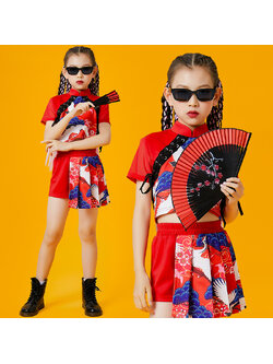 ชุดเต้นเด็ก เซ็ตเสื้อ+กางเกง/กระโปรงสไตล์ญี่ปุ่นสีแดง**สินค้าเปิดจอง