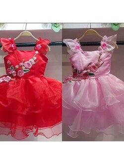 เดรสแขนเดี่ยวระบายกุหลาบ สีแดง สีชมพู