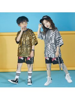 ชุดเต้น ฮิปฮอป เสื้อแขนสั้นสีทอง+กางเกงขาสั้นสีดำ