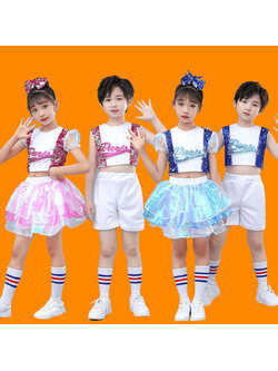 พร้อมส่ง ชุดเต้น ชุดฮิปฮอป เสื้อสีชมพู กระโปรงผ้าแก้วชมพูวิ้ง