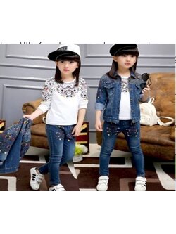 F-ชุดเซ็ต เสื้อยีนส์แขนยาวหลากสี+เสื้อแขนยาวสีขาว+กางเกงยีนส์