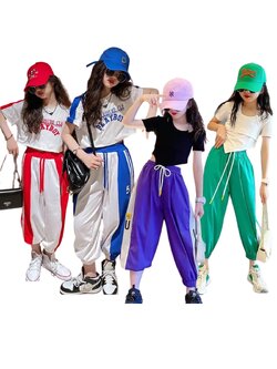 ชุดเต้น ชุดฮิปฮอป เซ็ตสีเสื้อแขนสั้น+กางเกงวอร์ม