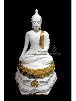 พระพุทธรูปปางมารวิชัย ( ปางสะดุ้งมาร ) สีขาวปิดทอง เนื้อเรซิ่น หน้าตัก 5นิ้ว สูง 12 นิ้ว