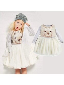 F-ชุดเด็ก : เดรสกระต่ายสีขาวครีม แขนยาว