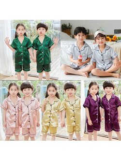 พร้อมส่ง ชุดนอนเด็ก ชุดนอนซาติ เซ็ท2ชิ้น เสื้อแขนสั้น+กางเกงขาสั้น