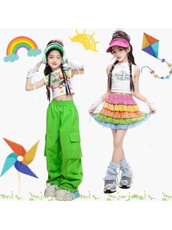 สินค้าพร้อมส่ง ***ชุดเต้น แขนกุดสีขาว+ปลอกแชย+กระโปรงระบายชั้นสีรุ้ง