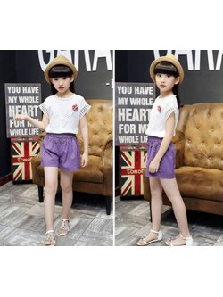 เซ็ตเสื้อสีขาว+กางเกงขาสั้นสีม่วง