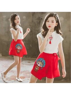 ชุดจีน เซ็ต เสื้อสีขาว+กางเกงขาสั้น สีแดง