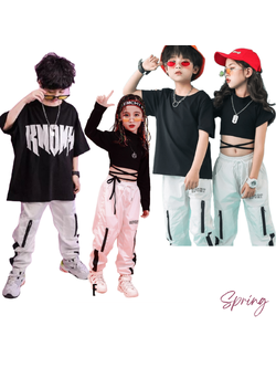 ชุดเต้น ชุดแดนซ์ เสื้อเอวลอยสีดำ+กางเกงขายาวสีขาว