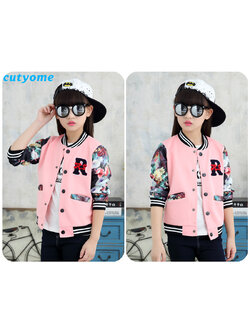 กันหนาว แจ็คเก็ต สีชมพู แขนลายดอก