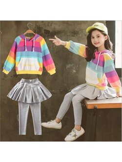 เสื้อกันหนาวหลากสีมีฮูด+เลกกิ้งกระโปรงสีเทา