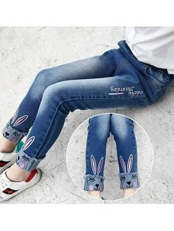 กางเกงยีนส์ขายาว ปักแต่งกระต่าย