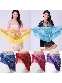 ผ้าผูกเอว พันสะโพกเต้นรำ ผ้าพันสามเหลี่ยมประดับเลื่อมสำหรับเต้นรำหน้าท้องแบบใหม่ ผ้าพันคอพู่สำหรับฝึกซ้อมเต้นสะโพก