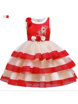 ชุดเด็ก : เดรสออกงาน สีชมพูแต่งลูกไม้กุหลาบ สีชมพู,แดง